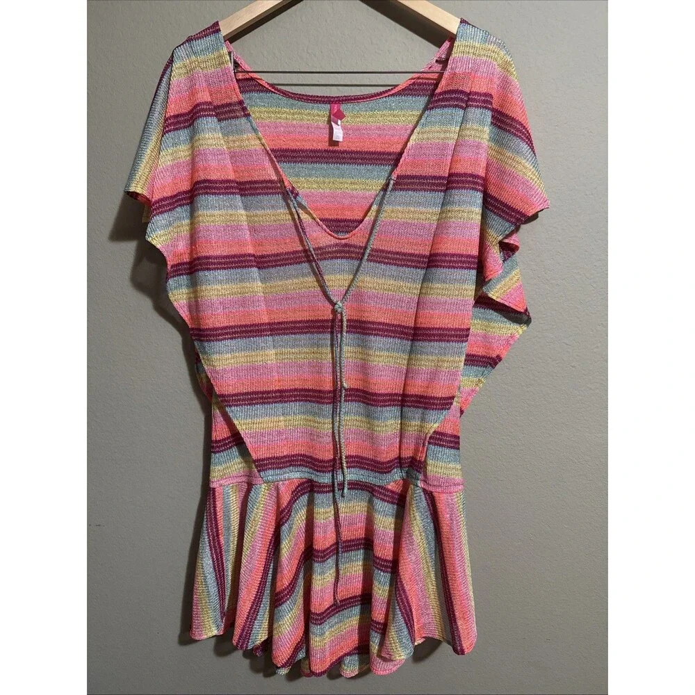 VICTORIAS SECRET Colorful Striped Mesh Cover Up Dress Flounce Hem Size M/L